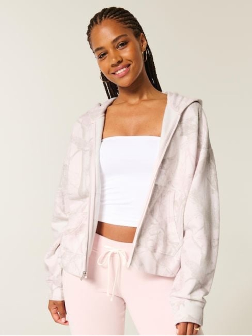 Hollister Women's White Oversized Pink Camo Zip-up Hoodie size small